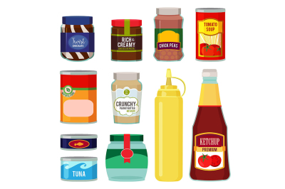 Illustrations of canned goods. Conservation of tomato, fish, vegetable