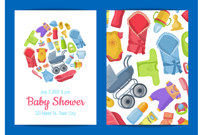 Vector baby shower invitation card template with baby accessories