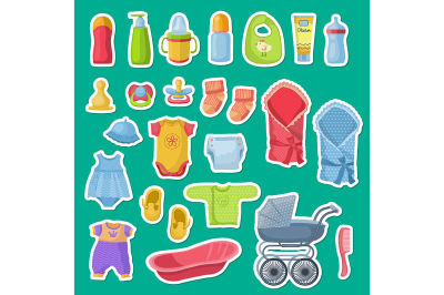 Vector baby accessories stickers isolated on blue background