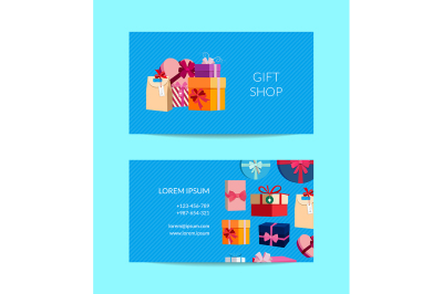 Vector gift service&2C; shop business card template with gift boxes 