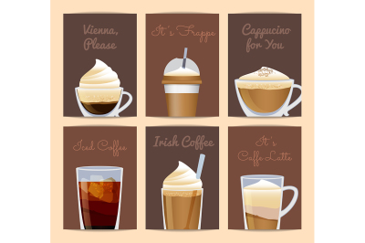 Vector different filled coffee cups card templates with place for text