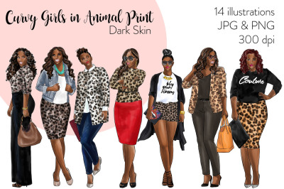 Watercolor Fashion Clipart - Curvy Girls in Animal Print - Dark Skin