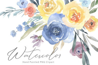Watercolor Blue Yellow Flowers Bouquets PNG