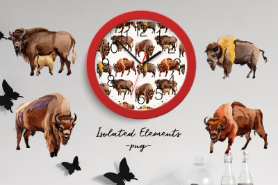 Exotic bison wild animal PNG watercolor set