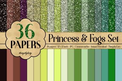 36 Glitter and Solid Color Princess Green and Brown Papers