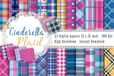 24 Pink and Blue Plaid Digital Papers, Tartan, Gingham