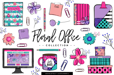 Floral Office Clipart Illustrations & Seamless Paper Patterns Bundle