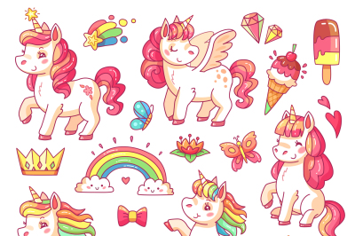 Cute flying baby rainbow unicorn with gold stars and sweet ice creams.