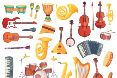 Cartoon musical instruments, guitars, bongo drums, cello, saxophone, m