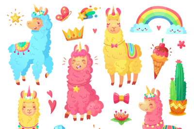 Funny mexican smiling alpaca with fluffy wool and cute rainbow llama u