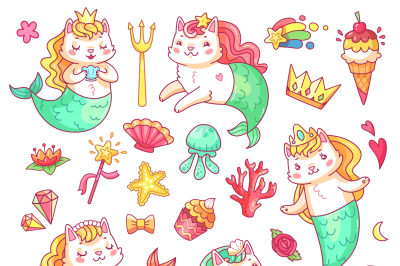 Mermaid kitty cat cartoon characters. Underwater cats mermaids vector 
