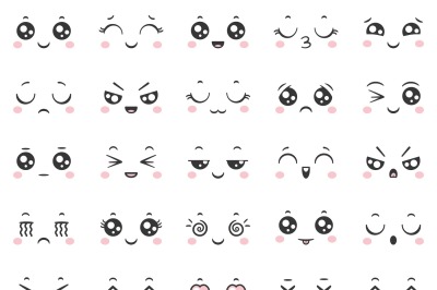 Cute doodle emoticons with facial expressions. Japanese anime style em