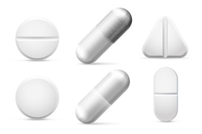 Round white cure pills, aspirin, antibiotics and painkiller drugs. Pai