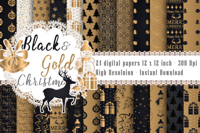 24 Luxury Black and Gold Christmas Holiday Digital Papers