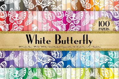 100 Seamless White Watercolor Butterfly Digital Papers