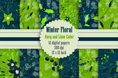 12 Winter Floral Digital Papers in Navy and Lime Color