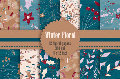 12 Winter Floral Digital Papers in Vintage Pine and Wood