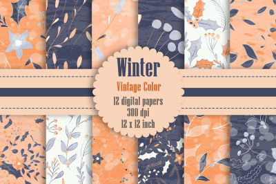 12 Winter Floral Digital Papers in Vintage Orange and Purple