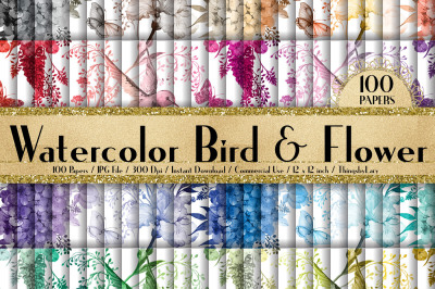 100 Seamless Watercolor Bird and Flower Digital Papers