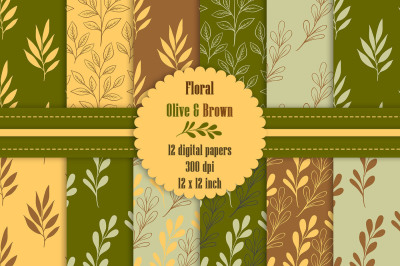 12 Seamless Fall Floral Digital Papers in Olive and Brown