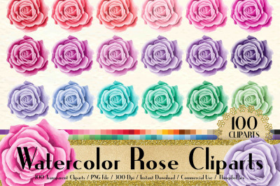 100 Watercolor Roses Clip Arts, Romantic Valentine Scrapbook