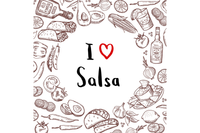 Vector sketched mexican food elements background with circle of empty 