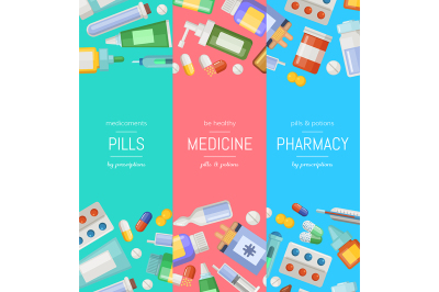 Vector cartoon pharmacy or medicines vertical banner templates