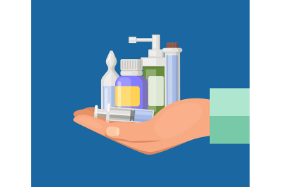 Vector cartoon hand keeping pile of medicines