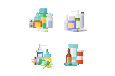 Vector cartoon medicines&2C; potions and pills piles set