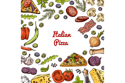 Vector hand drawn pizza ingridients and spices background