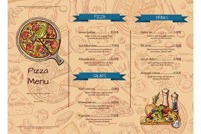 Vector italian pizza restaurant menu template with hand drawn colored 