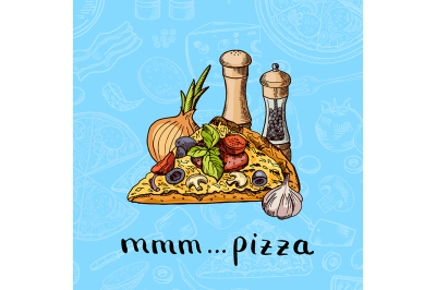 Vector colored hand drawn pizza, spices