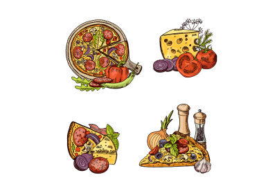 Vector colored hand drawn italian pizza, vegetables and cheese piles