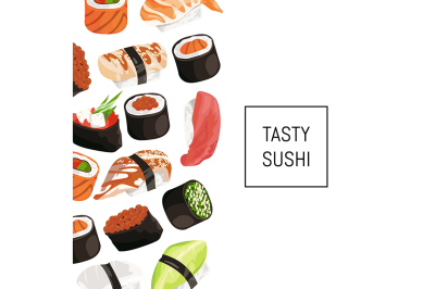 Vector cartoon sushi types background with place for text