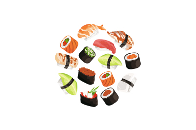 Vector cartoon sushi types circle concept illustration