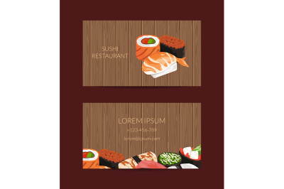 Vector business card templates in cartoon style for sushi restaurant