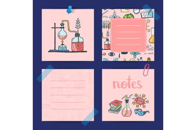 Vector notes templates set with sketched science or chemistry elements