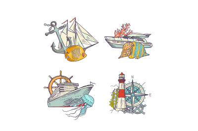 Vector sketched sea colored elements piles set