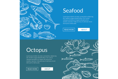 Vector web banner template with hand drawn seafood elements