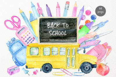 Watercolor back to school clipart, stationery clipart