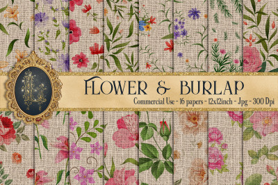 16 Flower and Burlap Digital Papers, Leaf, Floral, Natural