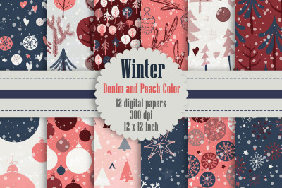 12 Winter Pattern Digital Papers in Denim and Peach Color