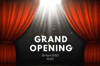 Grand opening poster with red curtains at theater stage. Theater curta