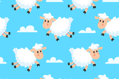 Happy sleeping sheeps fabric background. Dreamy woolly lamb or sheep c