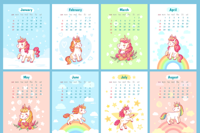 Sweet cute magic unicorn 2019 calendar for kids. Fairy unicorns with r