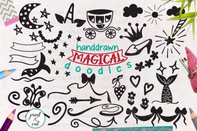 Magical Unicorn Mermaid Princess doodles bundle svg cutting elements