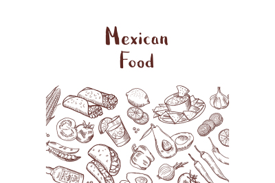 Vector sketched mexican food elements background with place for text