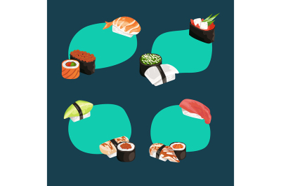 Vector cartoon sushi types stickers set