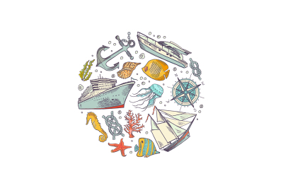 Vector sketched sea elements circle concept illustration