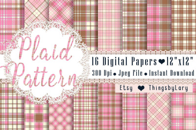 16 Seamless Pink and Brown Plaid Pattern Digital Papers